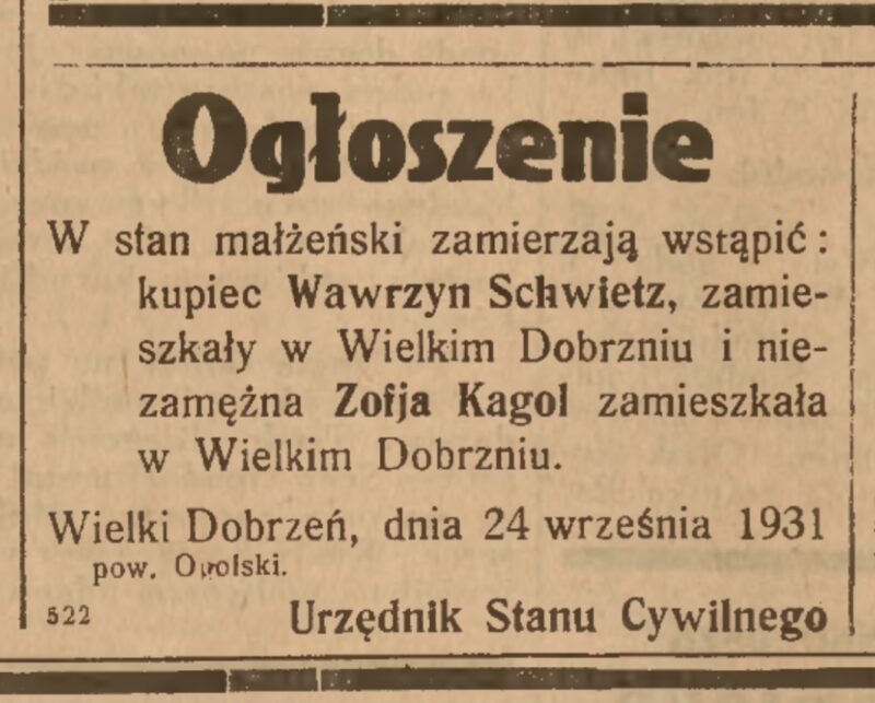 Dawne ogłoszenia z Chróścic i Dobrzenia