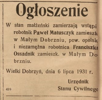 Dawne ogłoszenia z Chróścic i Dobrzenia