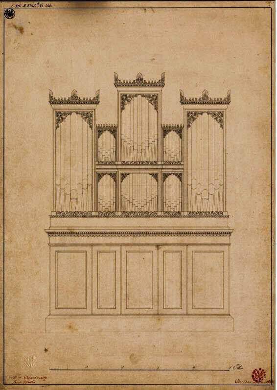 Na zdj. u góry – drugi wzór od góry zastosowano w siołkowickich organach (Vorbilder für Fabrikanten und Handwerker (Patterns for manufacturers and handicraftsmen), edited by Christian Peter Wilhelm Beuth and Karl Friedrich Schinkel). Projekt organów do kościoła w Siołkowicach 1826 r. Autor – Karol Fryderyk Schinkel.