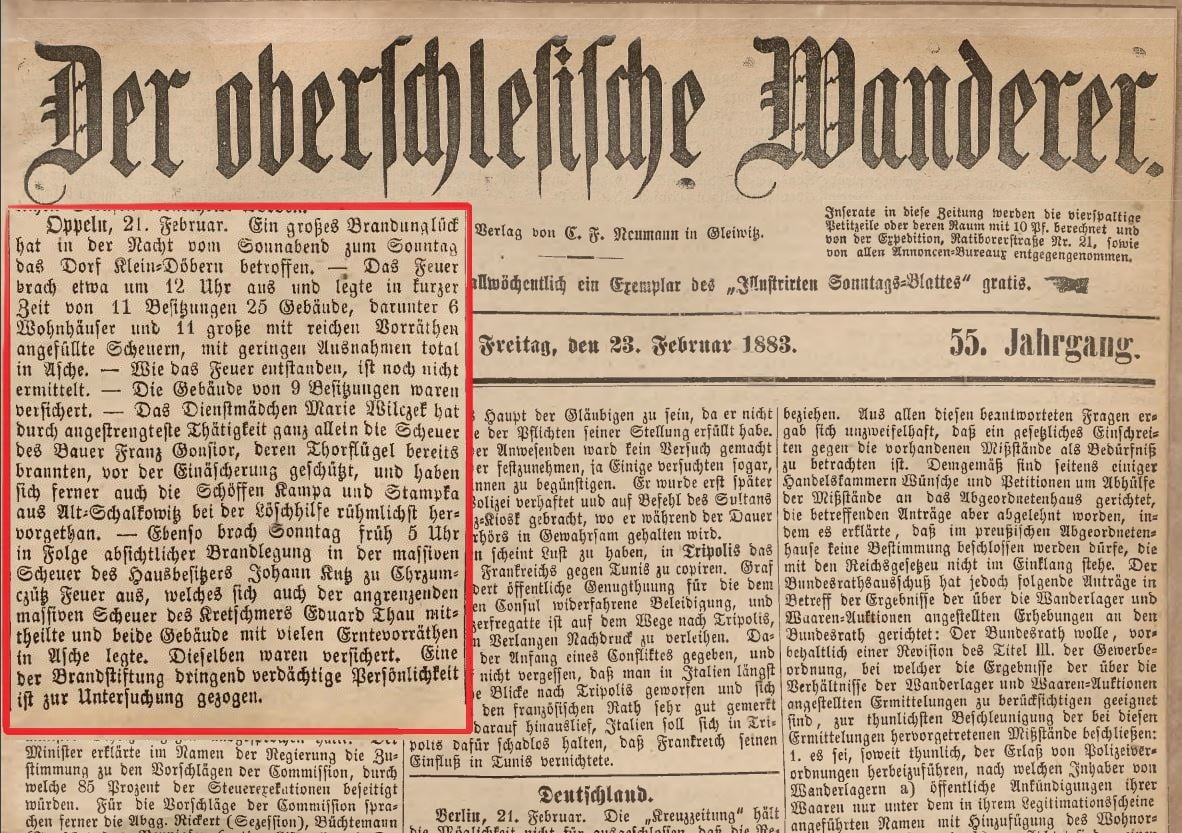 Pożar w Małym Dobrzeniu. Der Oberschlesische Wanderer 23 -02-1883 r.