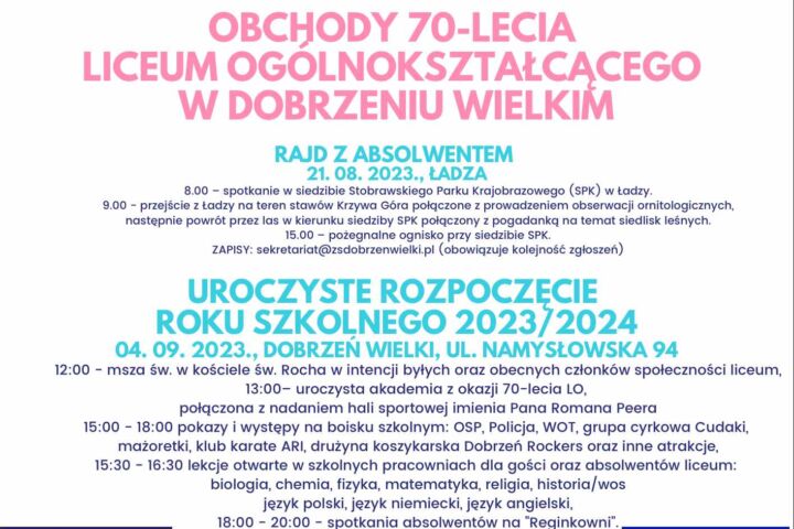 Zapraszamy na obchody 70-lecia Liceum Ogólnokształcącego w Dobrzeniu Wielkim