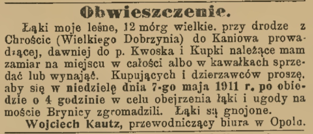 Dawne ogłoszenia z Chróścic i Dobrzenia
